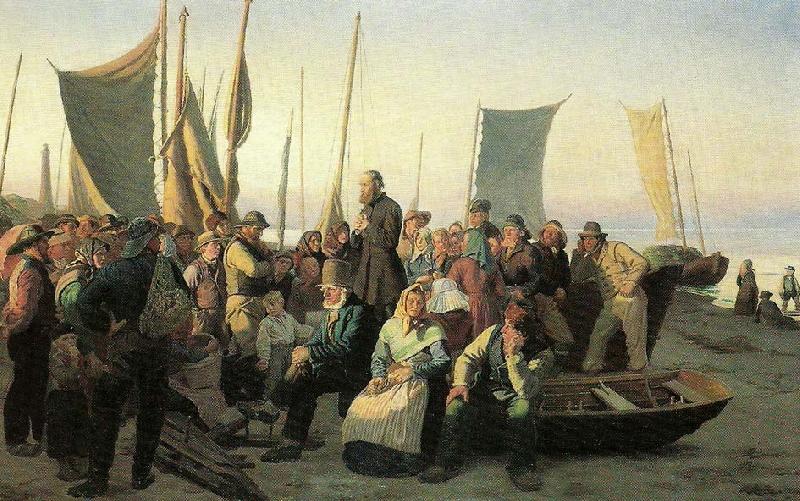 Michael Ancher en laegpraedikant holder gudstjeneste pa skagen sonderstrand oil painting image